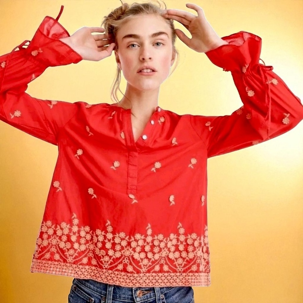 J. Crew Floral Embroidered Cotton Gauze Popover Top in Fiery Sunset Red / Orange